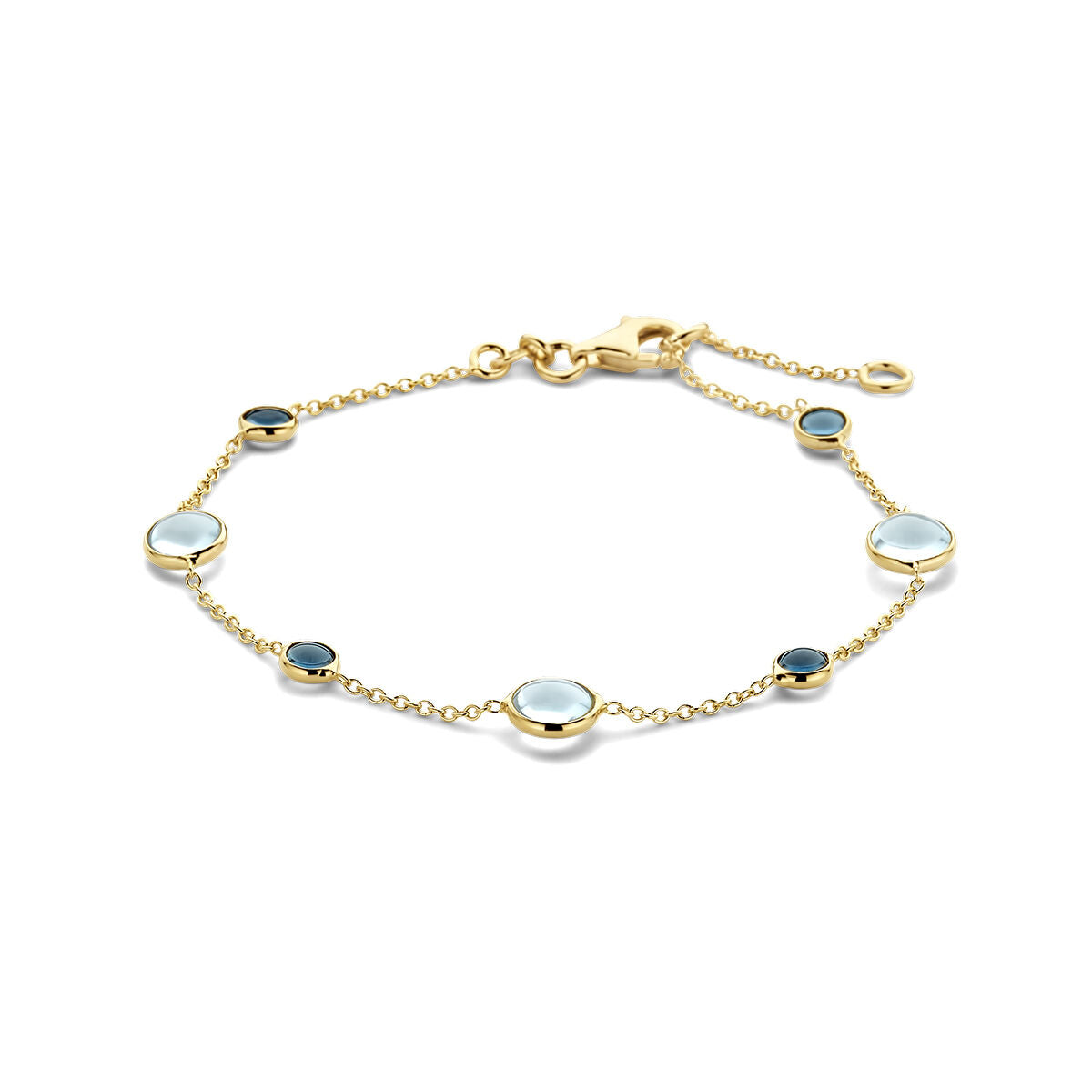 Złota bransoletka damska z niebieskim topazem i london blue topazem, 14K.
