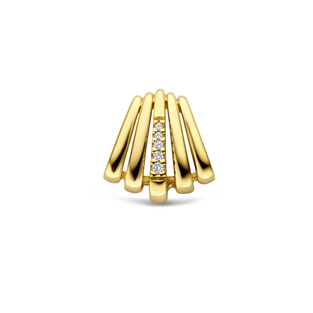 Gouden hanger van 14k geelgoud met verticale ribbels en een rijtje kleine diamanten.