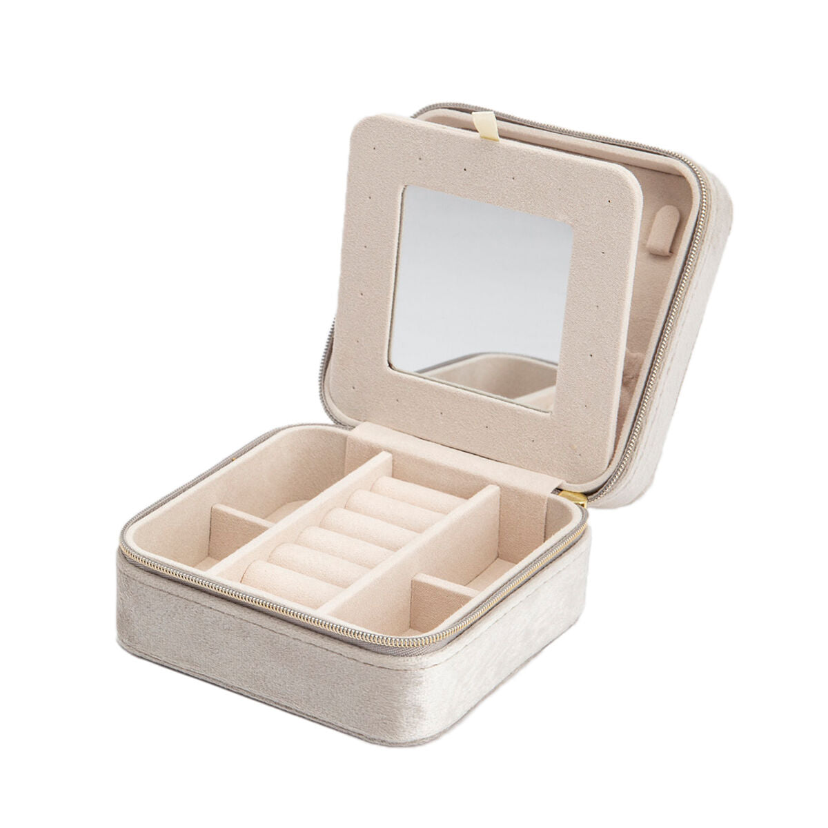 De Van der Kooij Collectie sieradendoos crème toebehoren is een beige, vierkante sieradendoos met een rits, meerdere opbergvakken en een ingebouwde spiegel in het deksel.