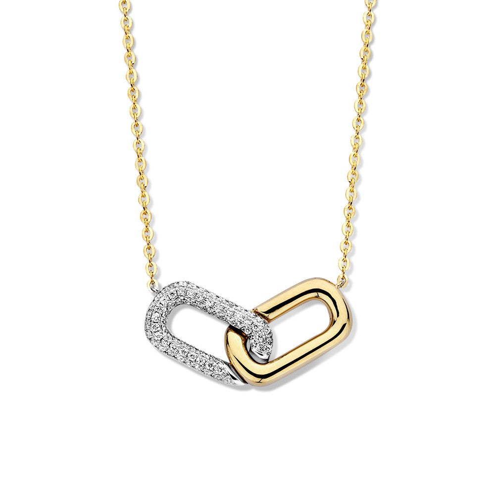 Geelgouden collier met een diamanten hanger in de vorm van een schakeltje, met een glanzende afwerking.