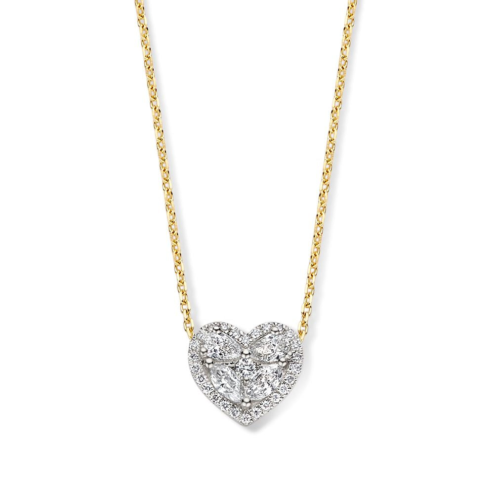 Geelgouden collier met luxe hartvormige hanger, bezet met diamanten, 0.50 crt, 14 karaat.
