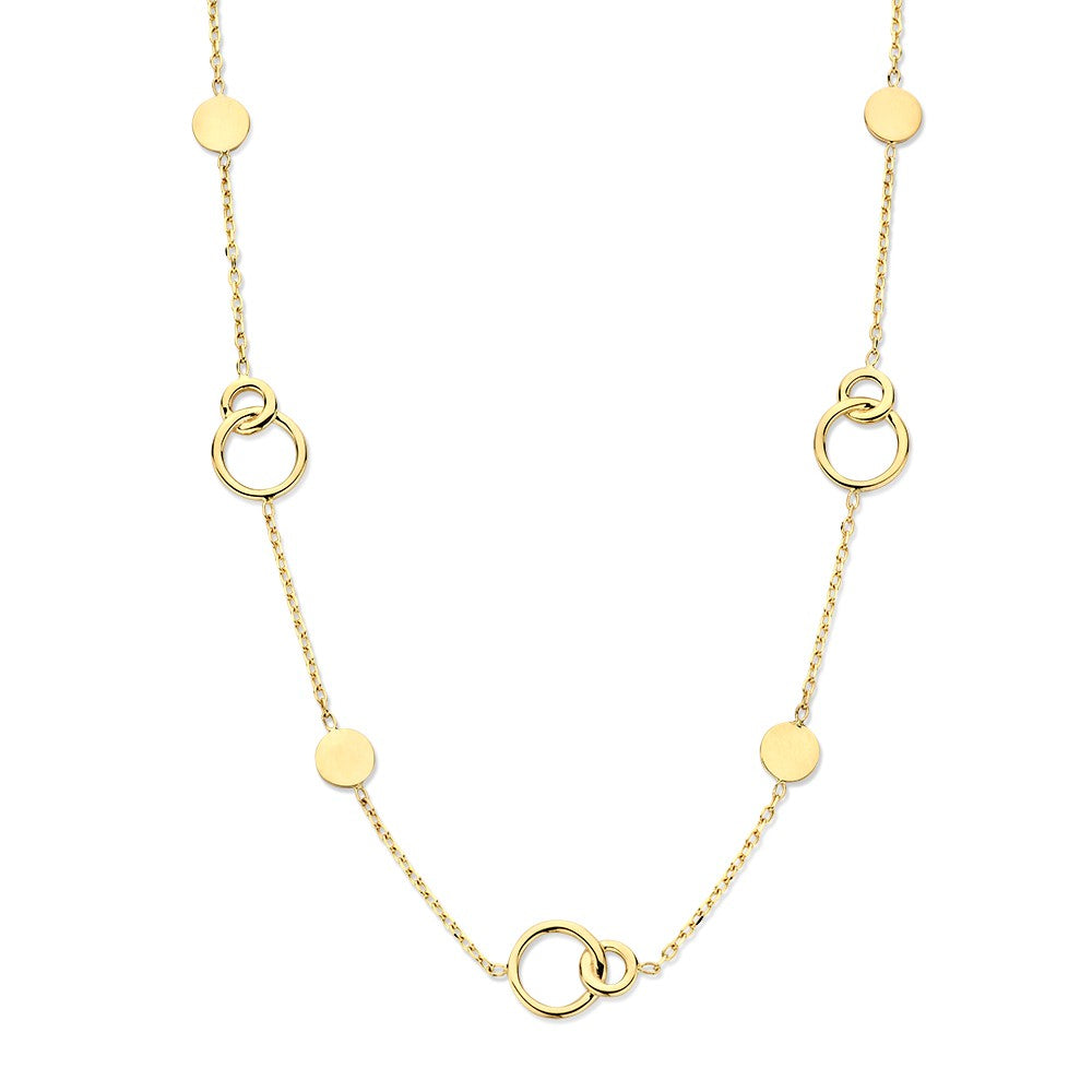 Geelgouden collier met verbonden cirkels en ronde schijfjes, 14-karaat, voor dames.