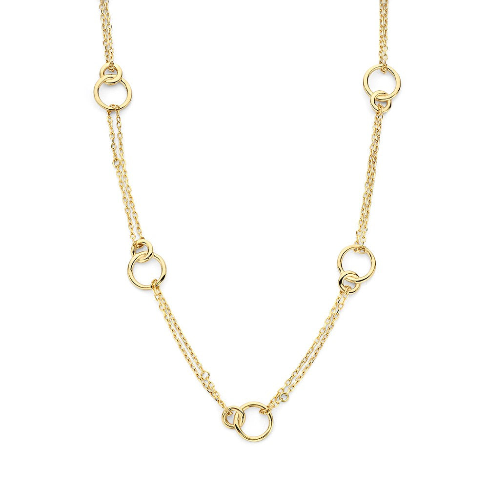 Geelgouden Collier met Dubbele Schakelketting en Verbonden Cirkels – 14-Karaat Elegantie voor Dames