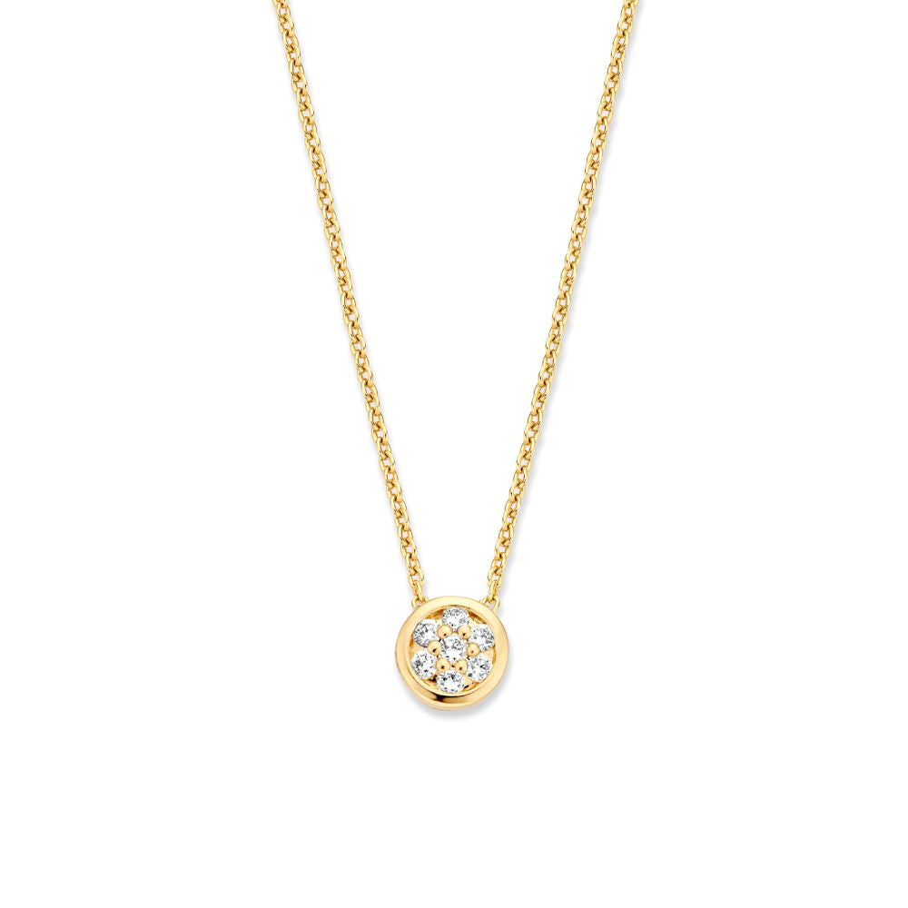 Geelgouden collier met een ronde pavézetting van diamanten aan een fijne ketting.