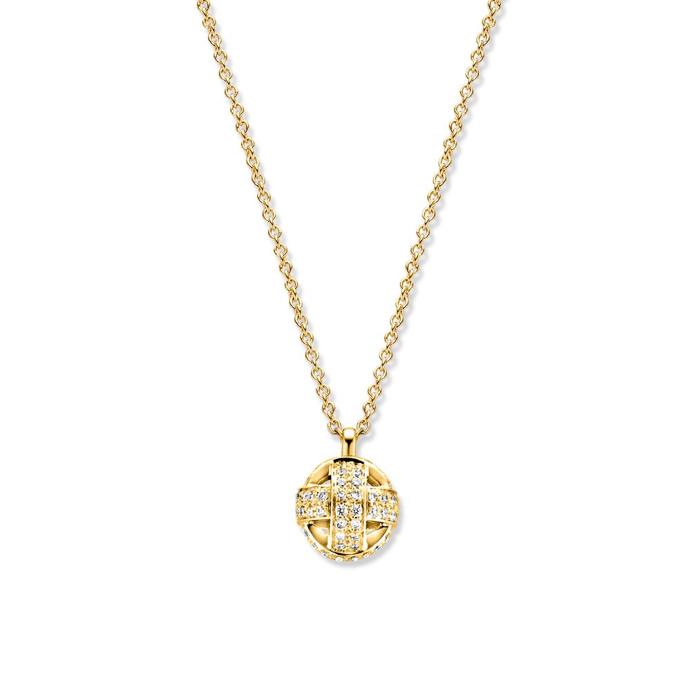 Geelgouden collier met een ronde hanger versierd met diamanten in de vorm van een liefdesknoop.