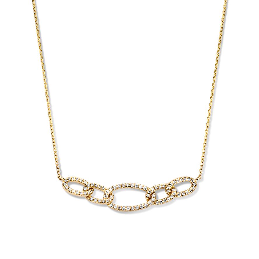 Geelgouden collier met vijf schakels, versierd met diamanten, 14 karaat goud.