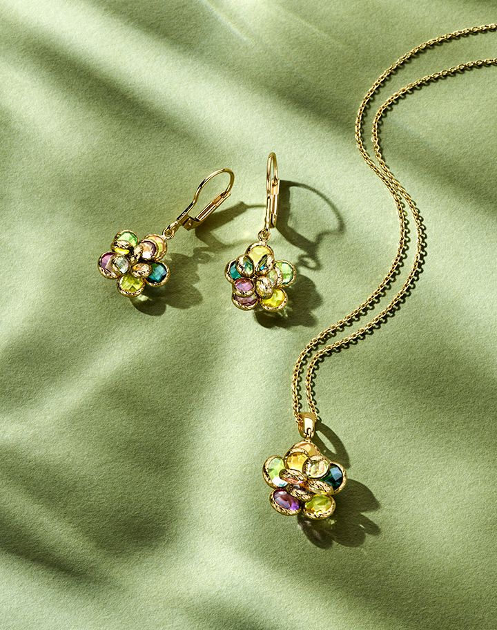 Geelgouden Collier met Bloemenhanger & Multicolor Edelstenen – 14 Karaat Goud