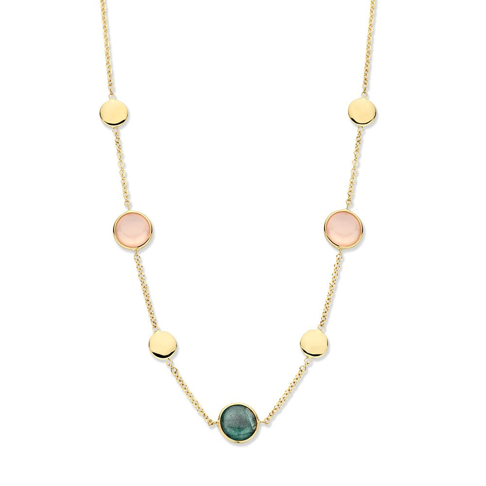 Geelgouden collier met ronde labradoriet en rozenkwarts edelstenen, afgewisseld met gouden schijfjes.