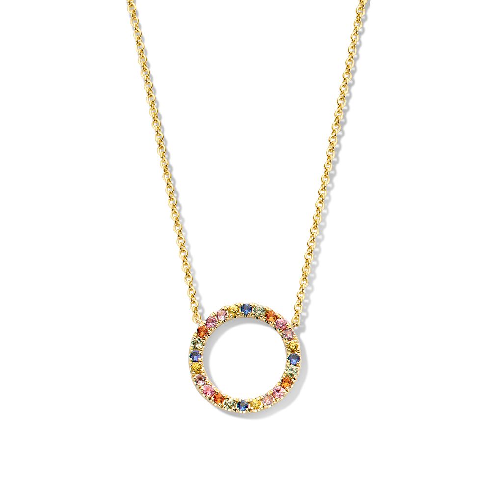 Geelgouden collier met een ronde hanger bezet met regenboogsaffiers.