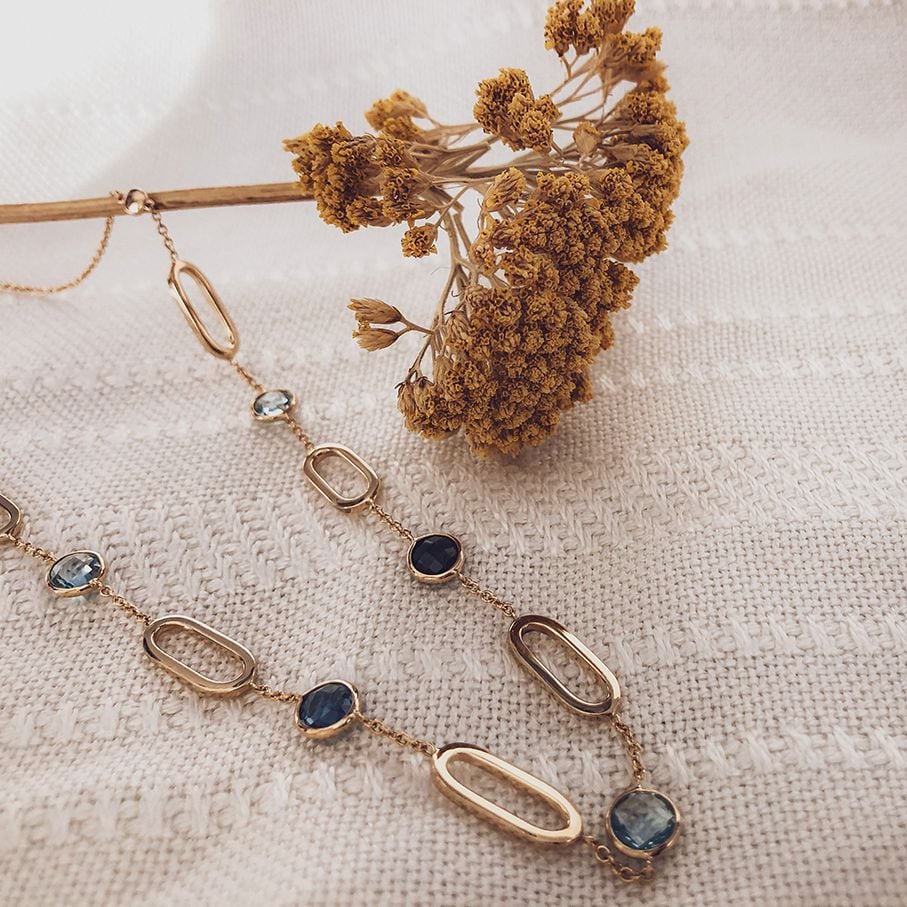 Żółte złoto naszyjnik z owalnymi ogniwami i niebieskim topazem & London Blue topaz - 14 karat