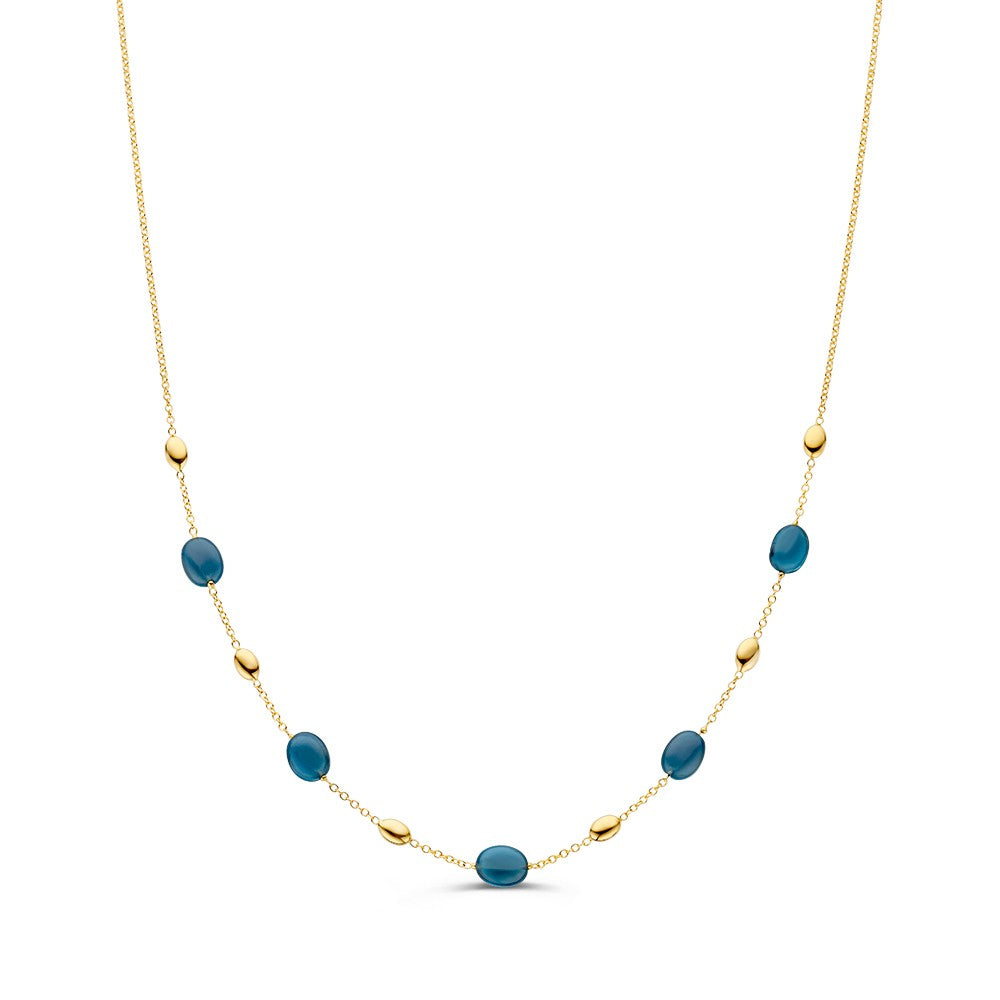 Geelgouden collier met blauwe topaas, voorzien van ovale en ronde schakels.