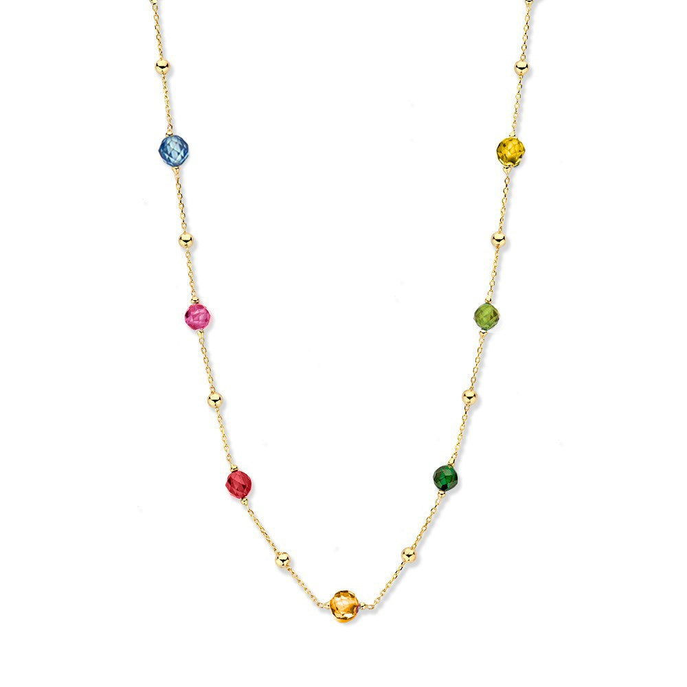Collier van geelgoud met kleurrijke zirkonia's in verschillende vormen en afstanden.