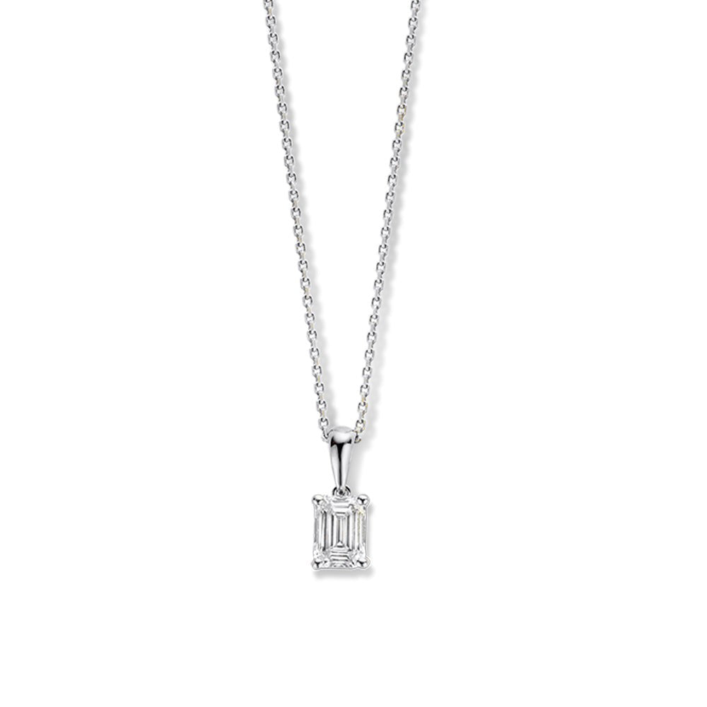 Witgouden collier met een hangertje in de vorm van een rechthoekige diamant van 0,50 crt.