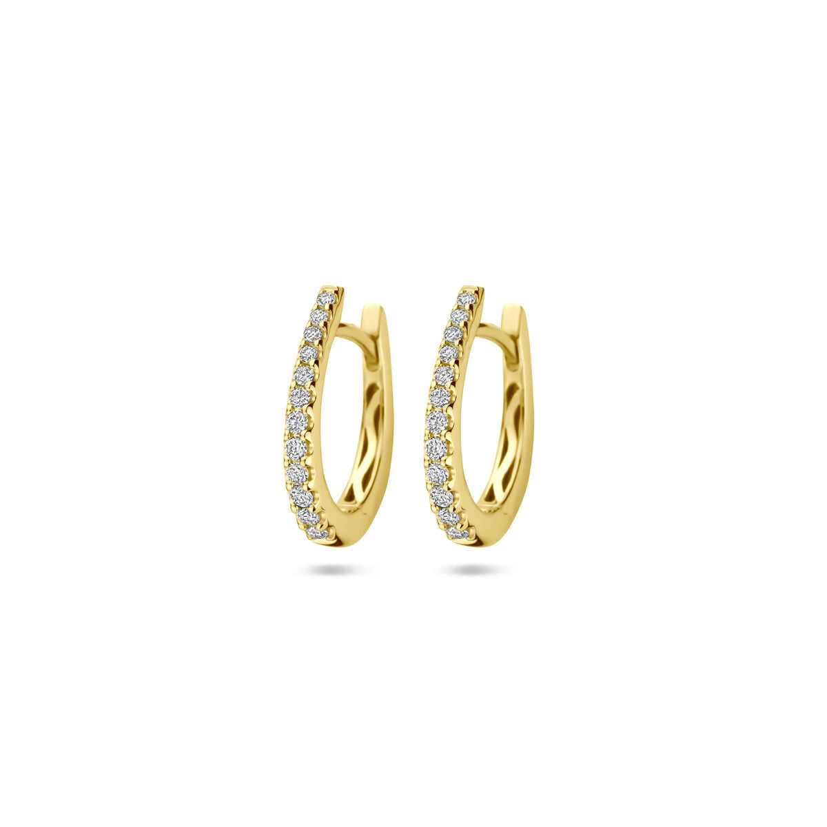 Klapoorringen van 14K geelgoud met een rij van kleine diamanten van 2,5 mm.