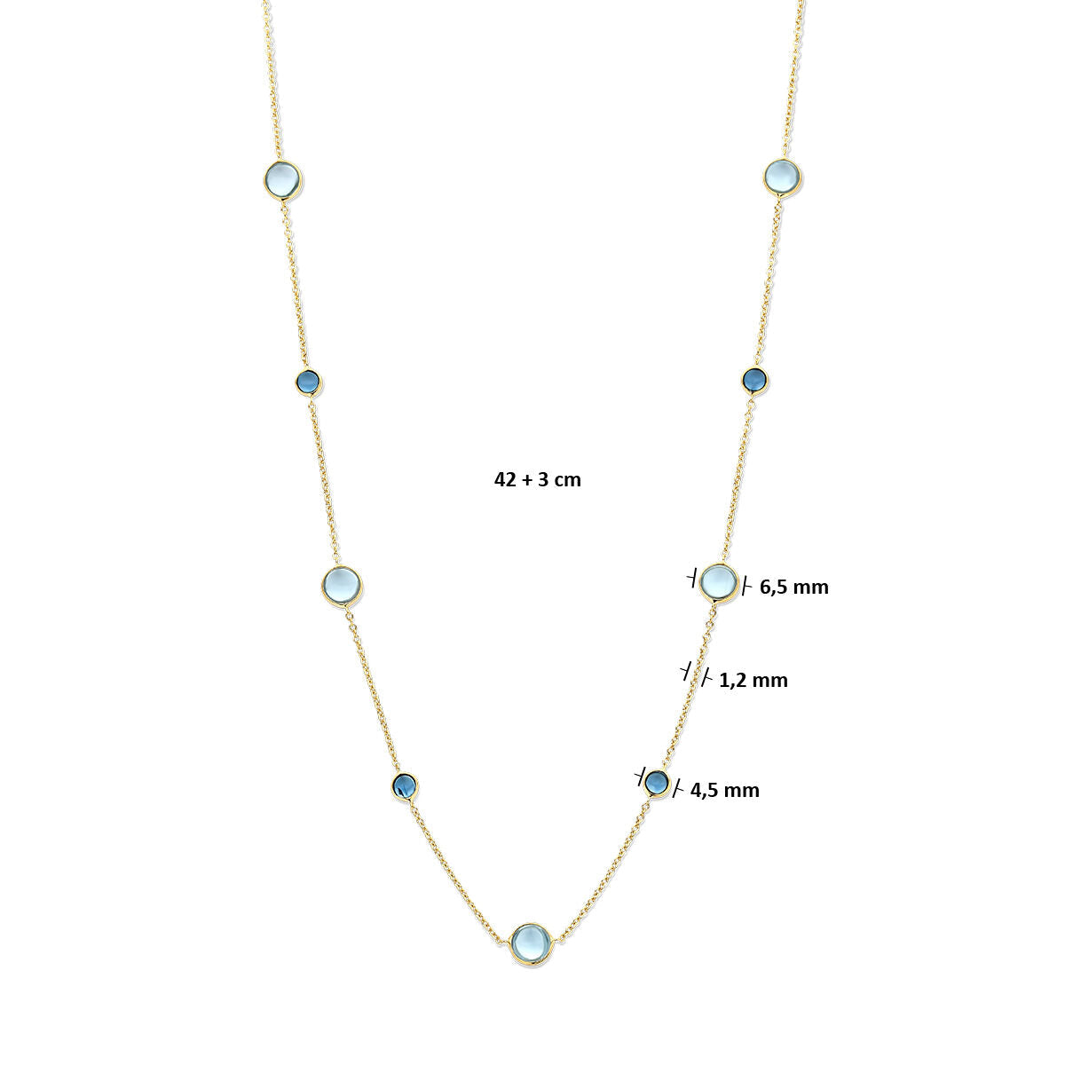 Van der Kooij Collectie collier met blauw topaas en London blauw topaas, gelijkmatig verdeeld in diverse groottes (6,5 mm, 4,5 mm, 4,2 mm). Het 14k geelgouden sieraad is verstelbaar van 42 tot 45 cm.