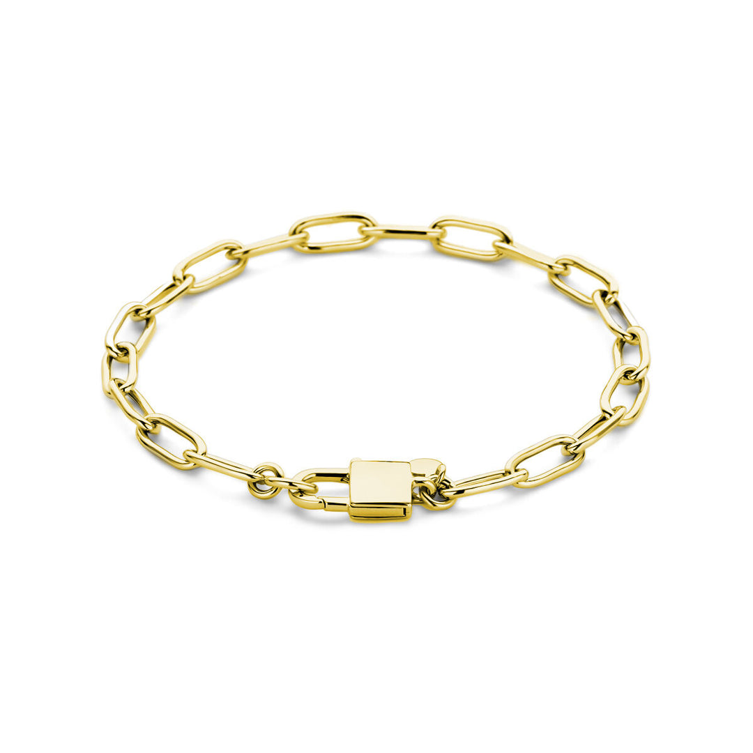 De Van der Kooij Collectie armband paperclip en slot 18 cm, 3 micron geel zilver verguld, heeft langwerpige schakel schakels en een rechthoekige padlock sluiting, afgebeeld op een witte achtergrond.