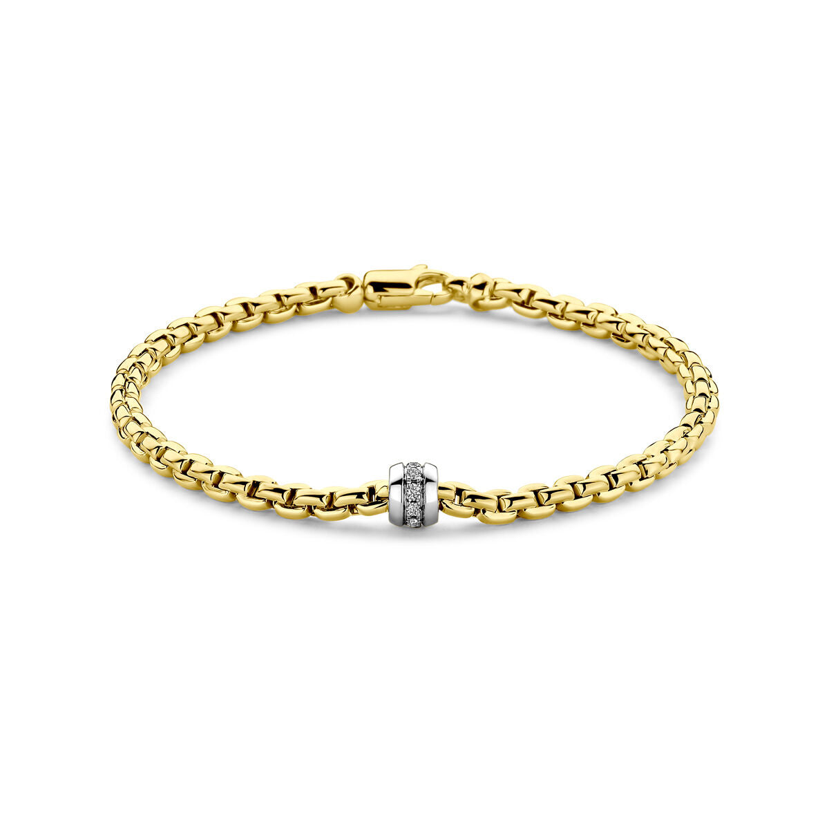Bransoletka z żółtego złota 14K o długości 19 cm z diamentem 0,12 ct w oprawie.