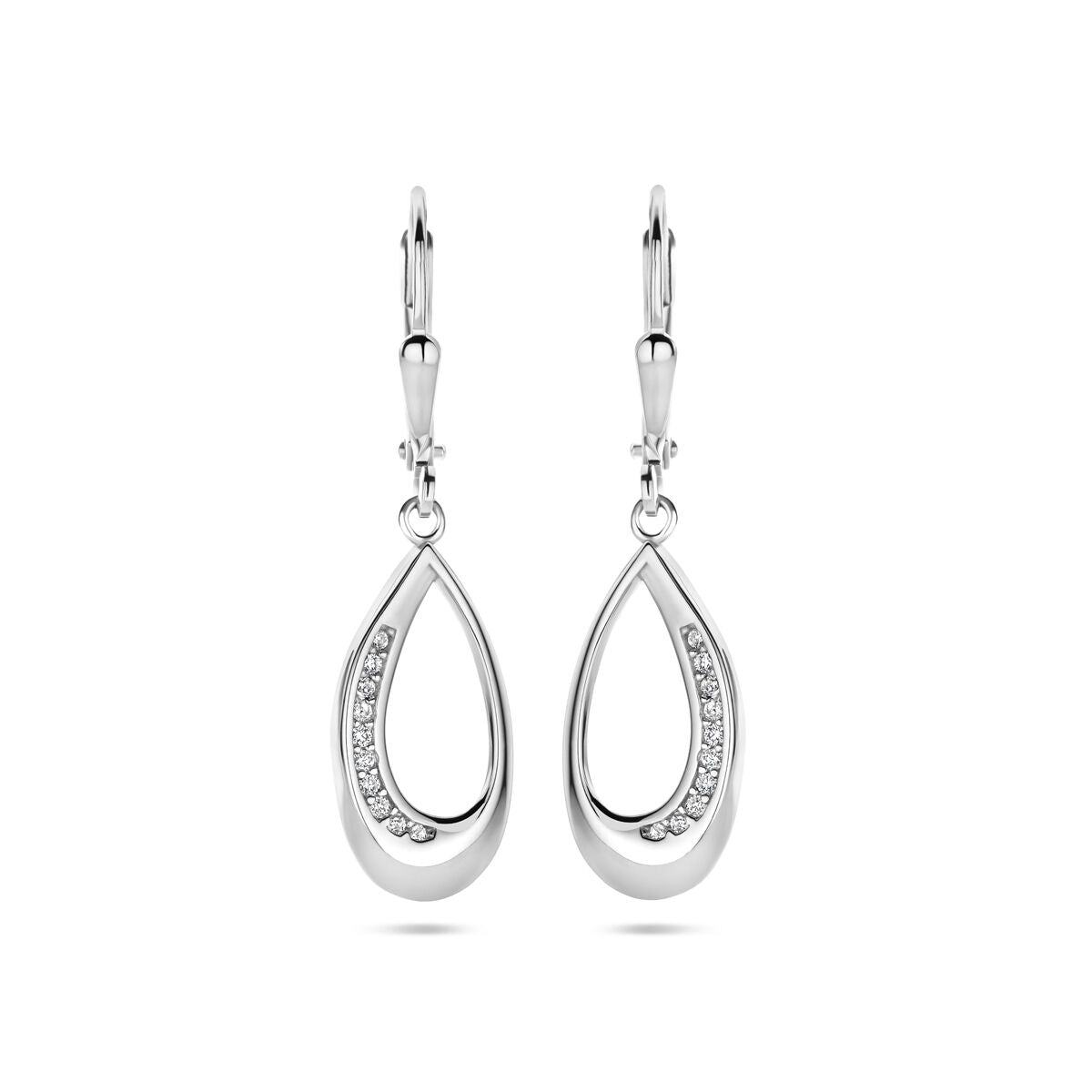 Zilveren gerhodineerde oorhangers in druppelvorm met zirkonia-steentjes, 34 mm lang.