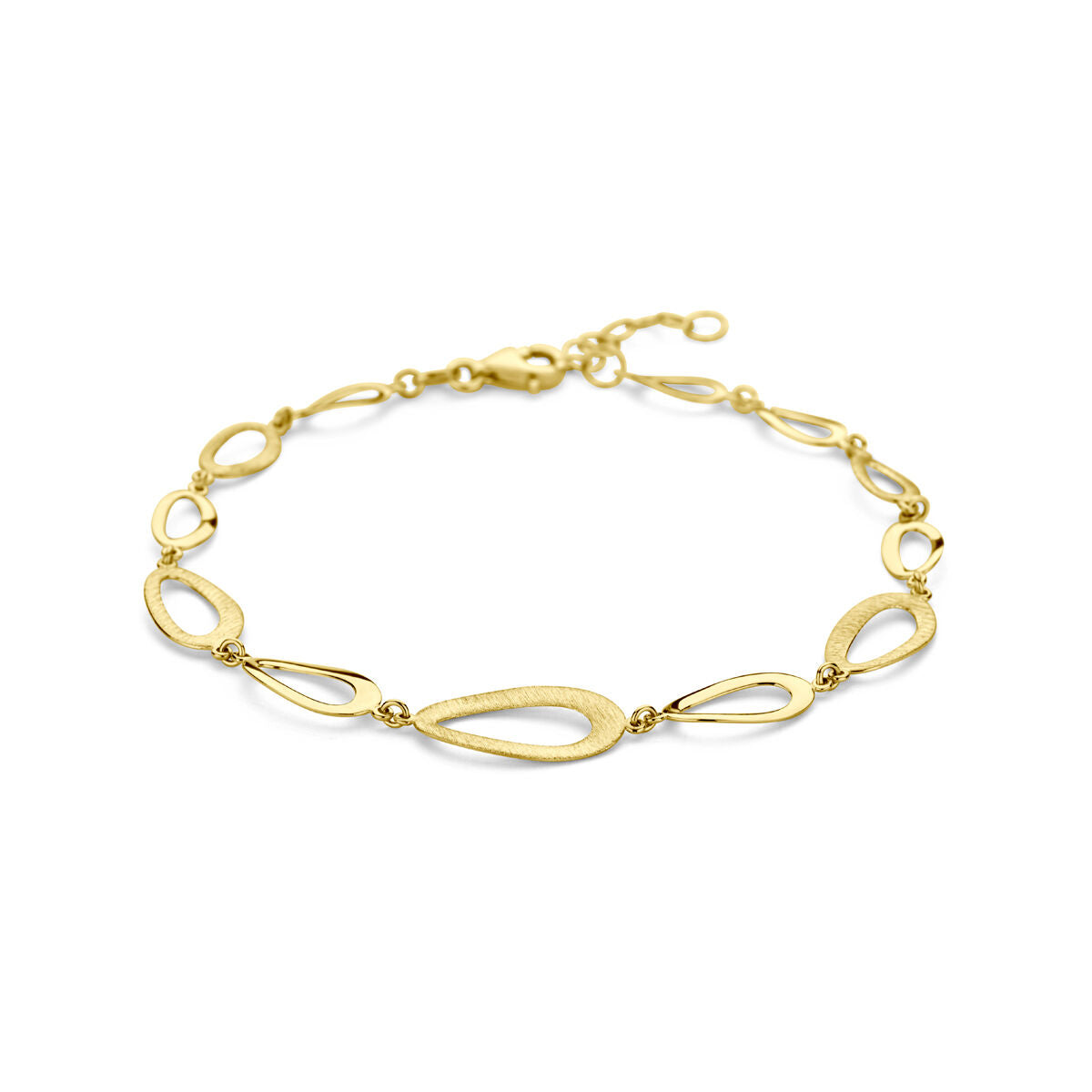 Gouden armband voor dames met een combinatie van een matte en gepolijste afwerking, met een speelse schakelvorm.
