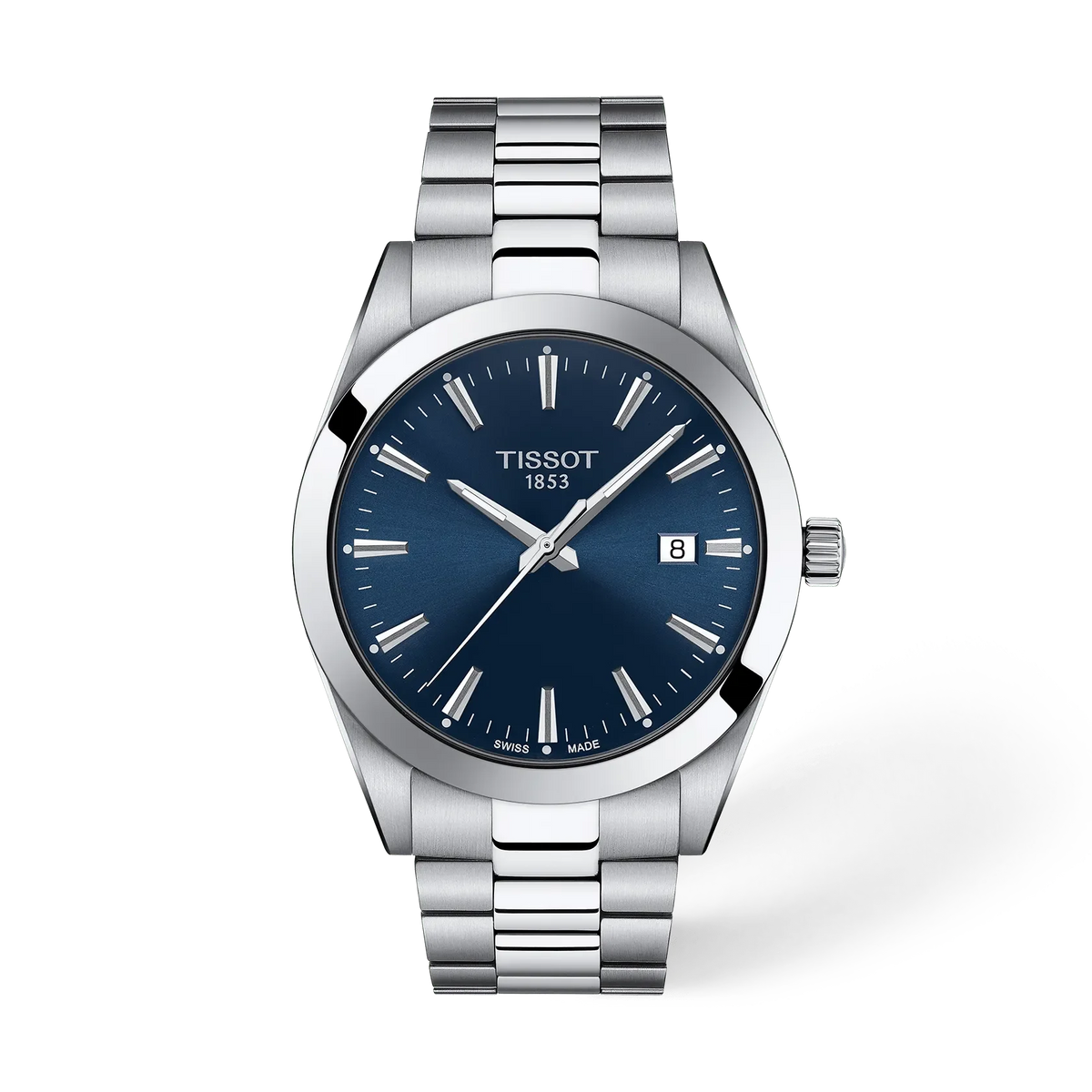 Zegarek Tissot z niebieską tarczą, stalowa koperta i bransoleta, średnica 40 mm.