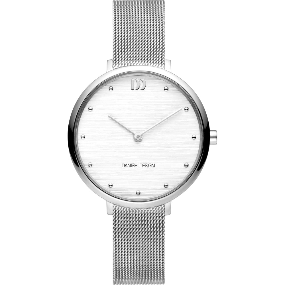 Srebrny zegarek z okrągłą tarczą, metalową bransoletą i minimalistycznym designem.