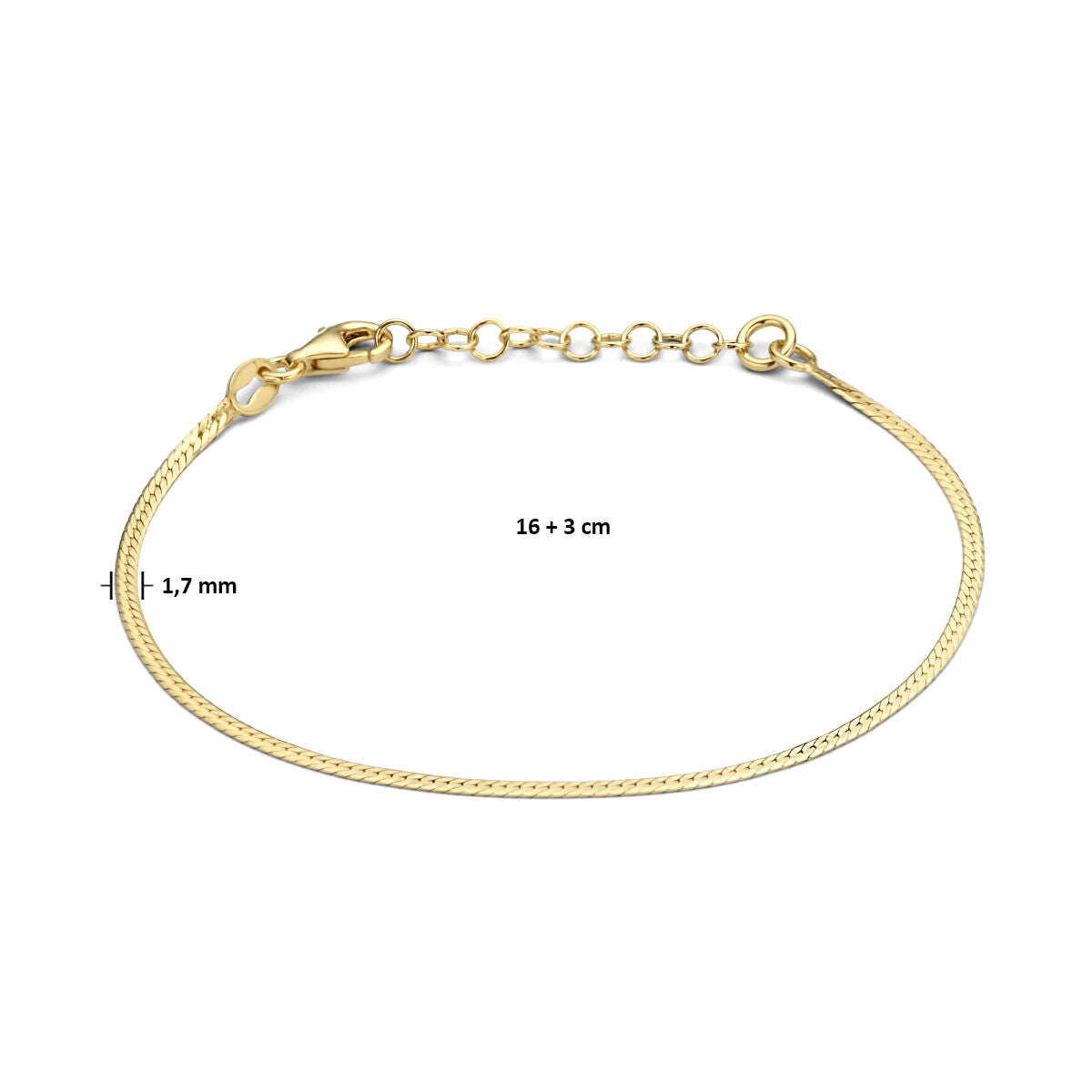 bransoletka płaska 1,7 mm 16 + 3 cm 3 mikron srebro pozłacane (żółte)
