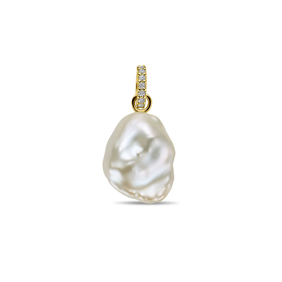 Wisiorek z perłą i diamentem 0,04 ct w złocie 14K, o organicznym kształcie i błyszczącej powierzchni.