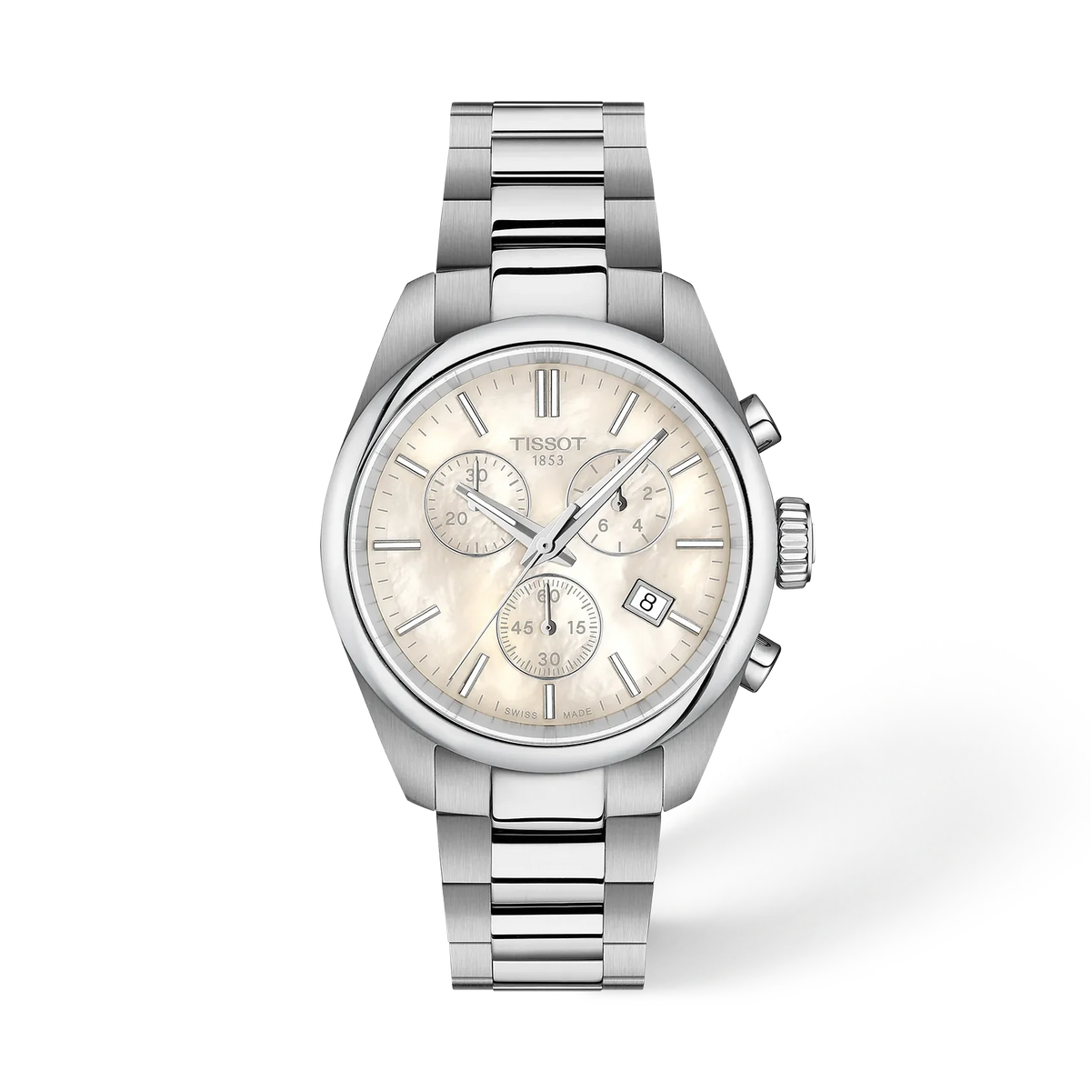 Srebrny zegarek Tissot PR 100 z jasną tarczą i metalową bransoletą.