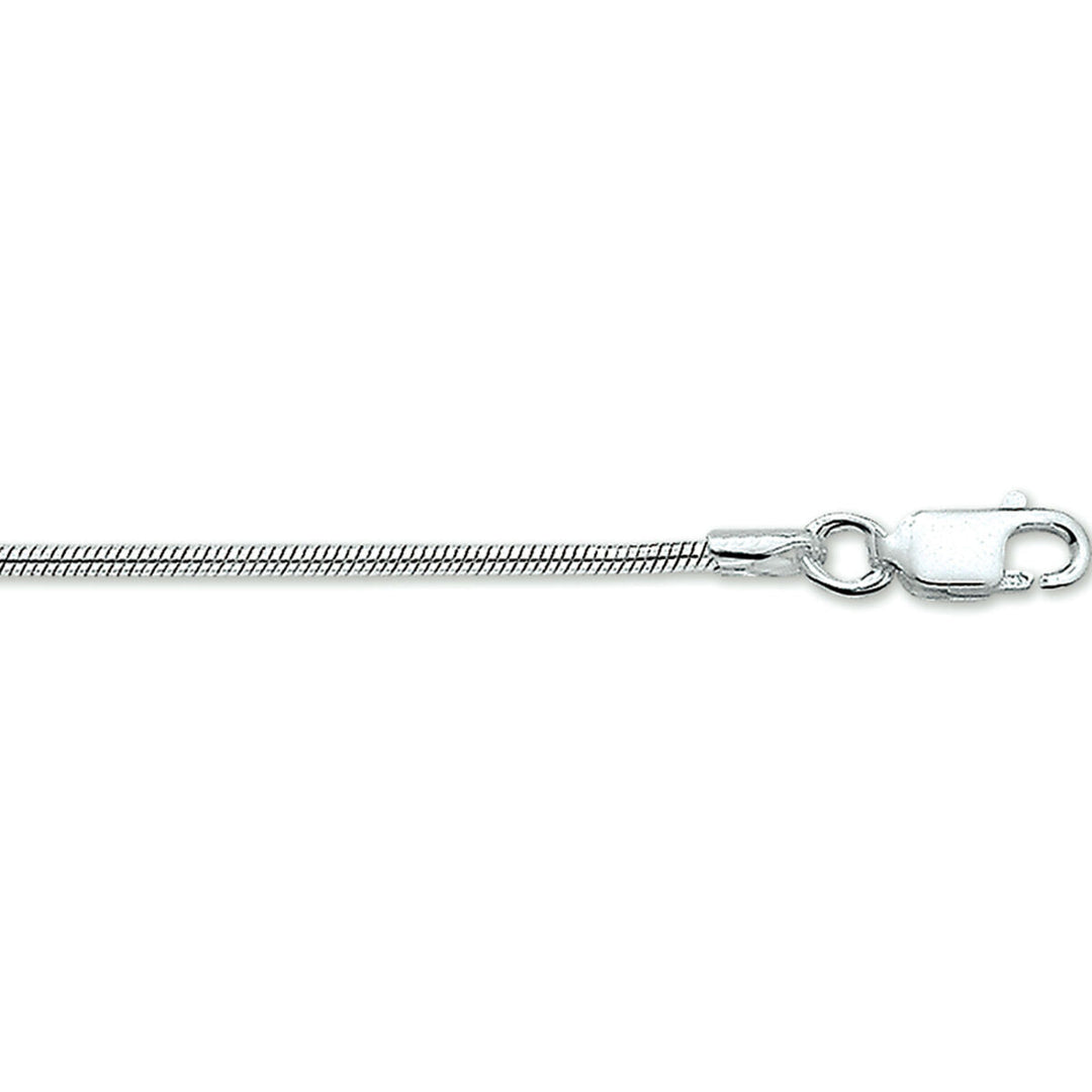 Srebrna bransoletka wężykowa o grubości 1,6 mm i długości 18 cm, pokryta rodem.