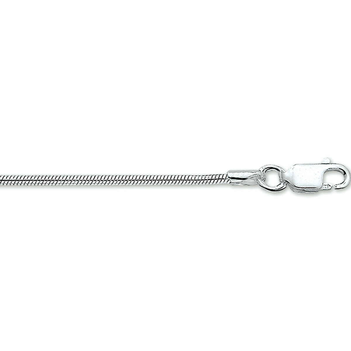 Srebrna bransoletka wężykowa o grubości 1,6 mm i długości 18 cm, pokryta rodem.