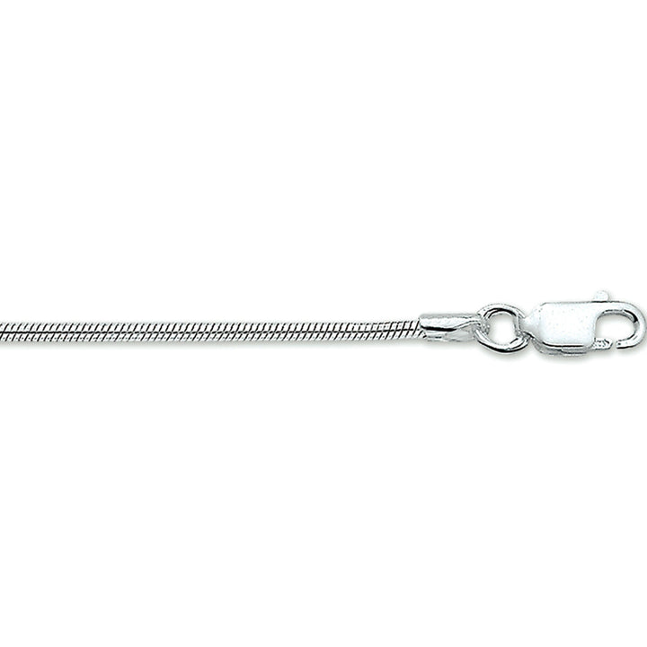 Srebrna bransoletka wężykowa o grubości 1,6 mm i długości 18 cm, pokryta rodem.