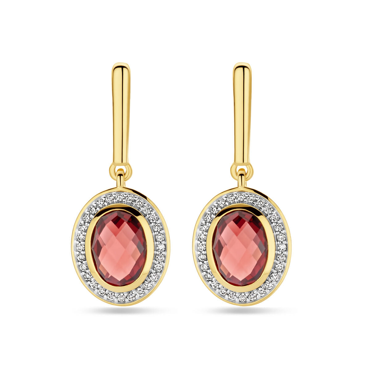 Kolczyki z granatem i diamentami 0,18 ct (2x 0,09 ct) w złocie 14K, owalne z błyszczącym wykończeniem.