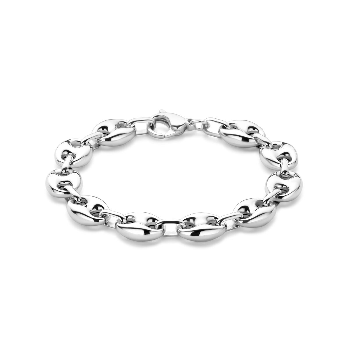 srebrna bransoletka z ogniwami w kształcie ziaren kawy o szerokości 11 mm i długości 20 cm, pokryta rodem