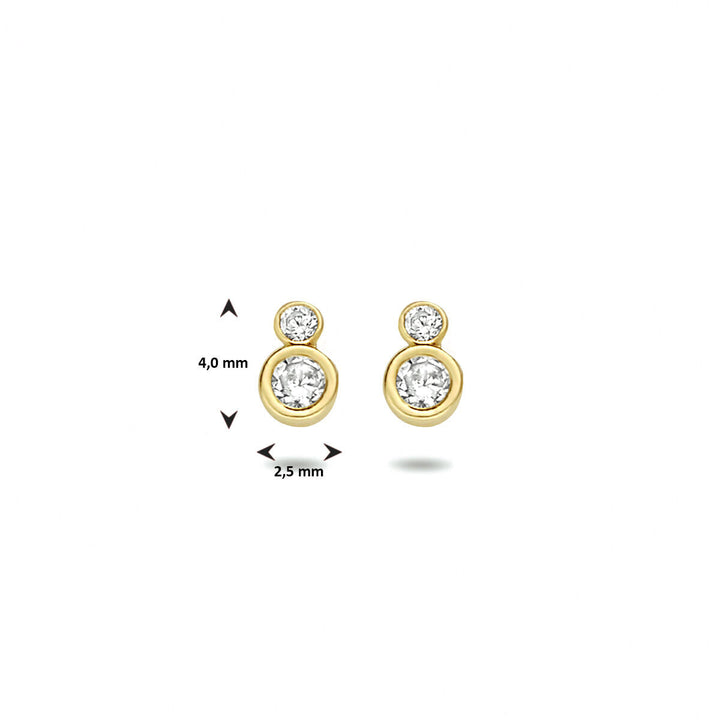 Van der Kooij Collectie oorknoppen zirkonia 14K geelgoud: elegante oorstekers met twee ronde, heldere zirkonia's-één groter, één kleiner-met maten van 4,0 mm hoog en 2,5 mm breed tussen de stenen.