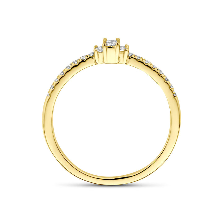 De Van der Kooij Collectie ring lab grown diamant 0,21ct h si 14K geelgoud heeft een enkele verhoogde lab-grown diamant in een prongzetting, met extra diamanten gezet langs de bovenste helft van de geelgouden band.