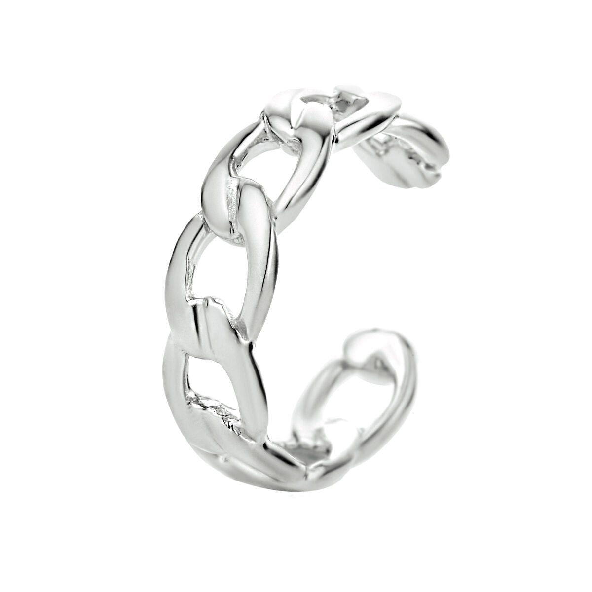 srebrny earcuff w kształcie ogniw, pokryty rhodium, o nowoczesnym designie