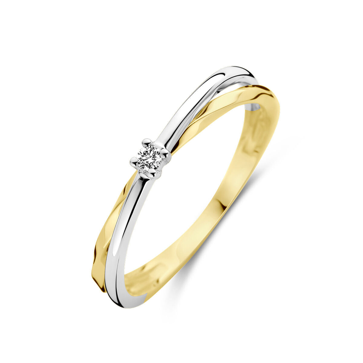Pierścionek bicolor z diamentem 0,03 ct, wykonany z 14K złota żółtego i białego.