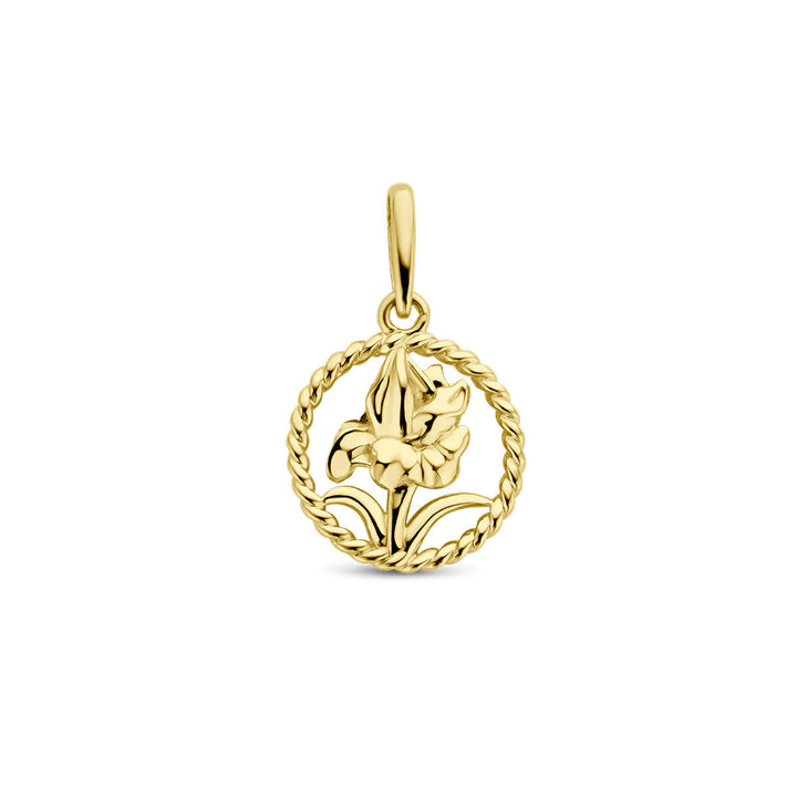De hanger met geboortebloem 14K geelgoud uit de Van der Kooij Collectie heeft een gedraaide cirkel en lelieontwerp, geïnspireerd op de geboortebloemtrend. Een luxe sieraad tegen een witte achtergrond.