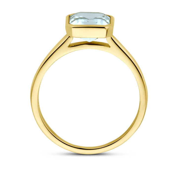 De ring aquamarijn 14K geelgoud van Van der Kooij Collectie heeft een eenvoudige geelgouden band en een bezel-set rechthoekige aquamarijn, van opzij gezien tegen een witte achtergrond - een elegante keuze.