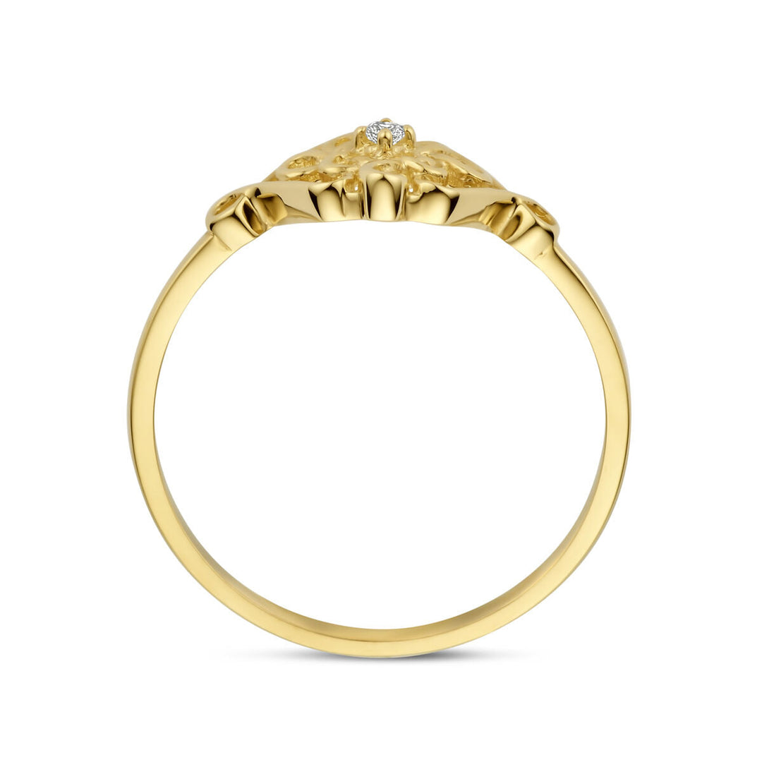 De Van der Kooij Collectie ring zirkonia 14K geelgoud heeft een gestructureerde, sierlijke zetting en een centrale zirkoniasteen: een elegante keuze voor iedereen die op zoek is naar unieke damesringen in goud.