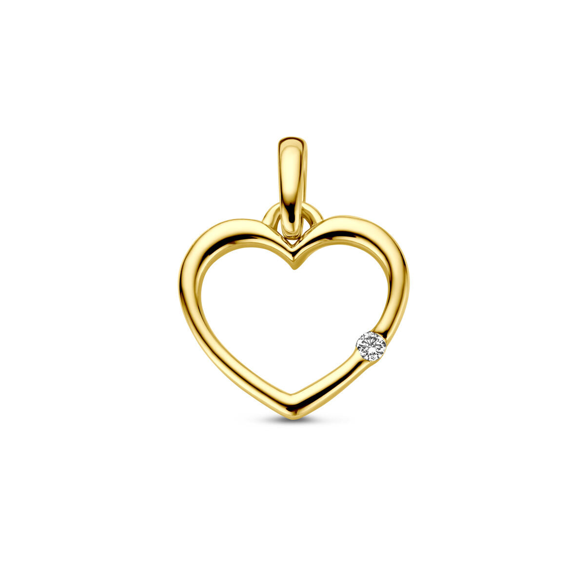 De Van der Kooij Collectie hanger hart en diamant 0.01ct H P1, vervaardigd in 14K geelgoud, is een elegante valentijnssieraad met een subtiele diamant en wordt gepresenteerd op een witte achtergrond.