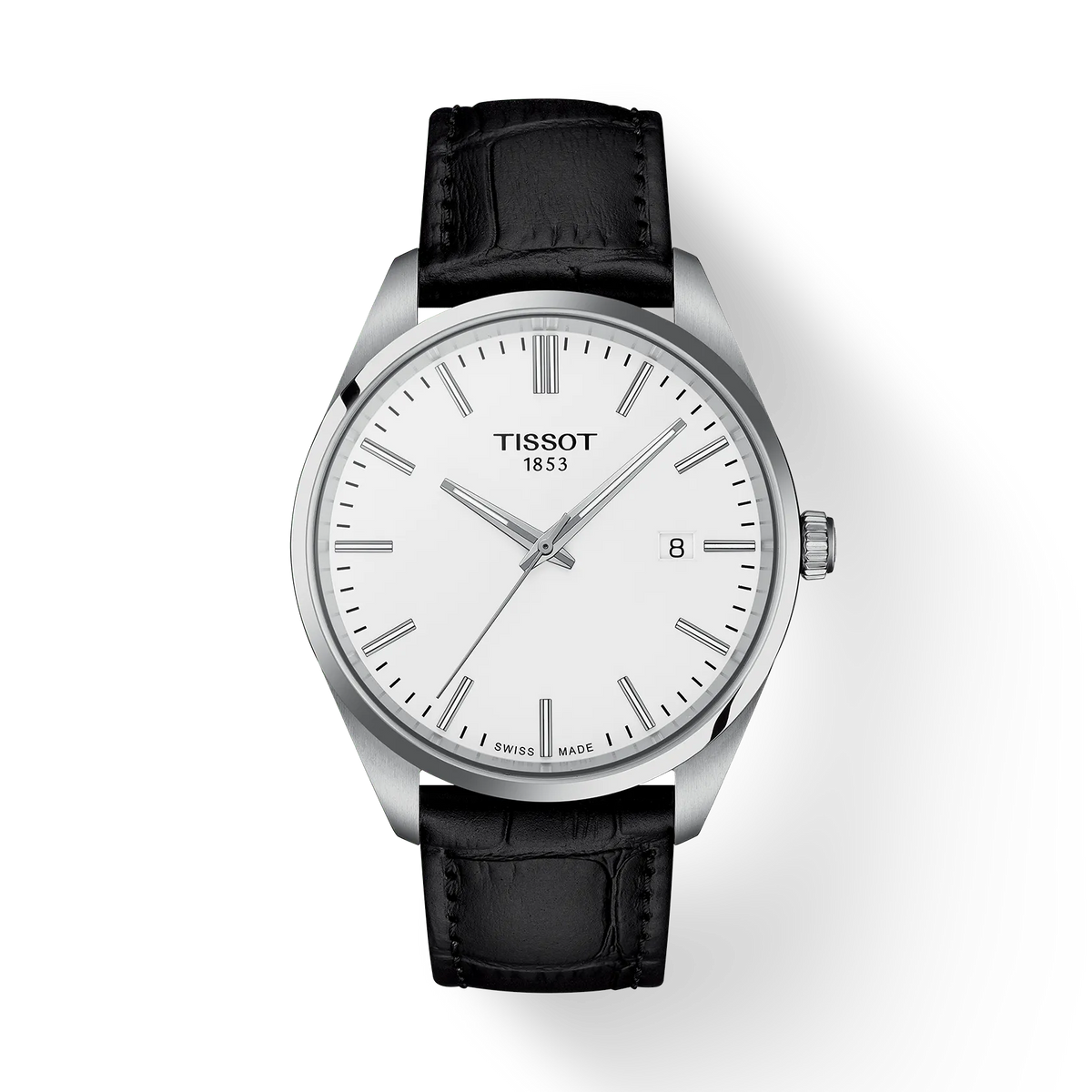 Zegarek Tissot PR 100 z białą tarczą, stalową kopertą i czarnym skórzanym paskiem.