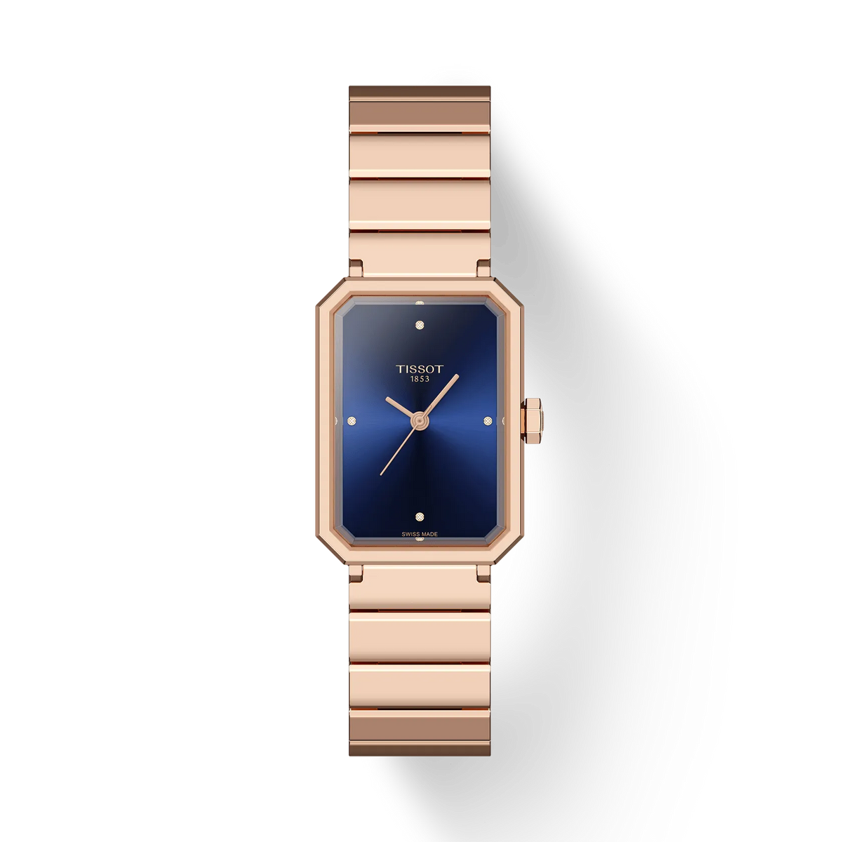 Złoty zegarek damski Tissot SRV 30MM z niebieską tarczą i metalową bransoletą.