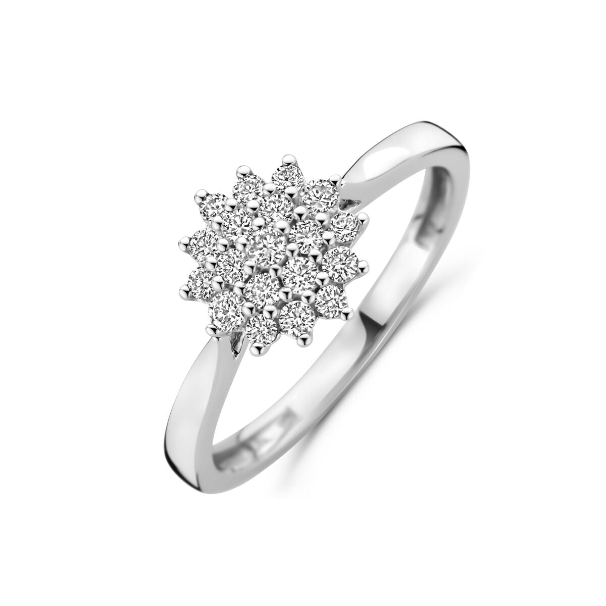 pierścionek z diamentami o masie 0,33 ct w białym złocie 14K, w kształcie kwiatka.