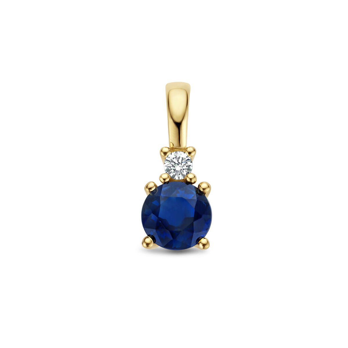 Wisiorek z niebieskim szafirem i diamentem 0,02 ct w złotej oprawie 14K.
