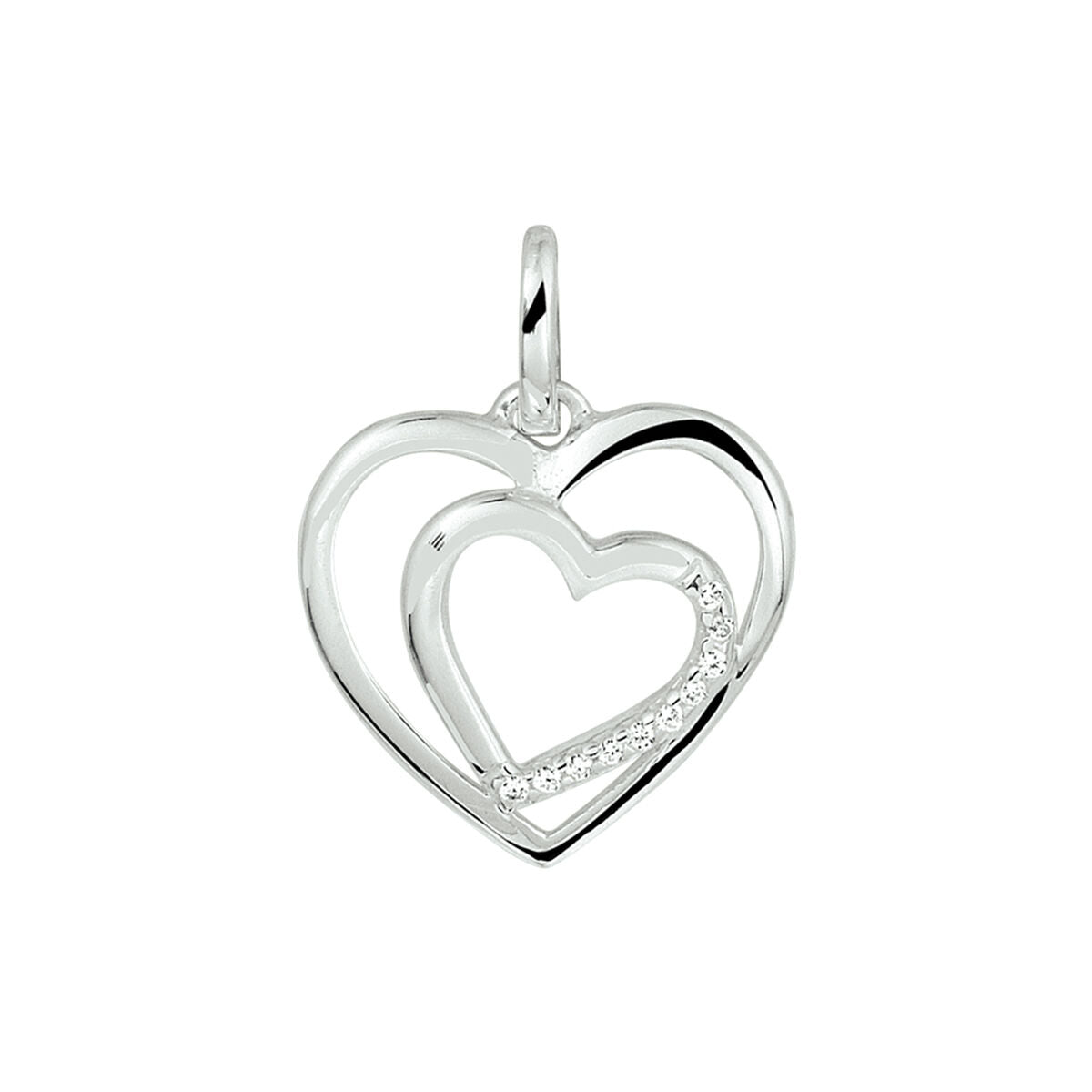 De Van der Kooij Collectie hanger hart zirkonia zilver gerhodineerd heeft twee overlappende open harten en een rij fonkelende zirkonia-een elegante dames sieraad voor elke gelegenheid.