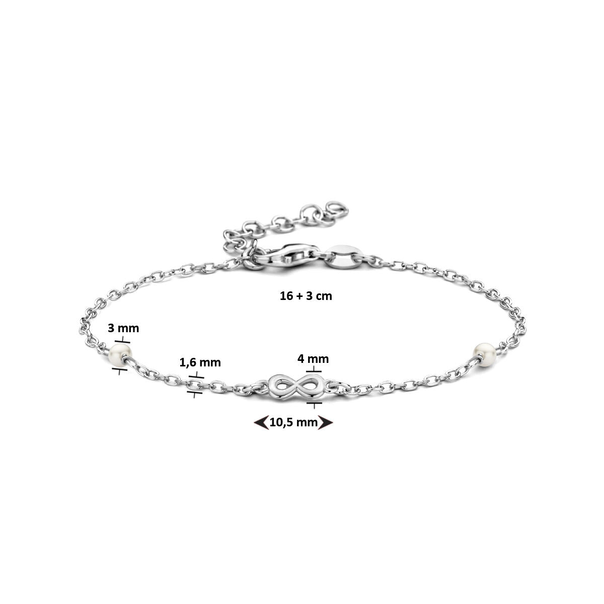 bransoletka z syntetyczną perłą i nieskończonością 16 + 3 cm rodowana srebrna