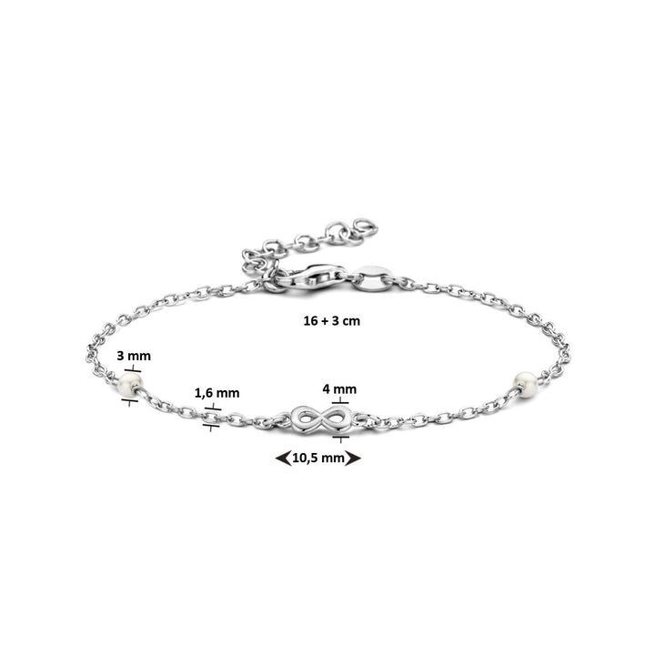 armband synth. parel en infinity 16 + 3 cm zilver gerhodineerd