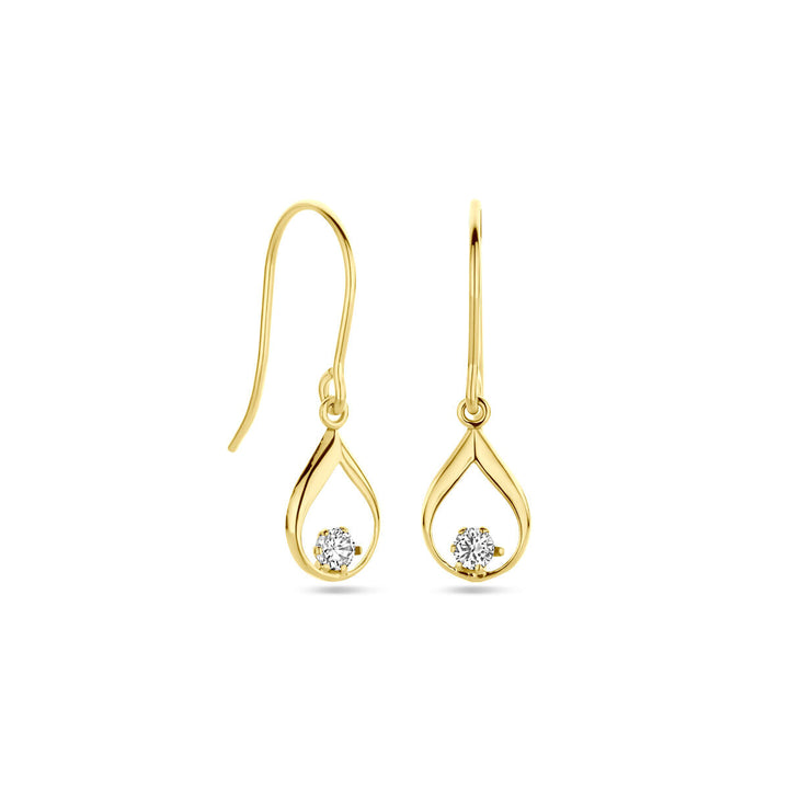 Een paar 14K geelgouden oorhangers van Van der Kooij Collectie met franse haak en open ontwerp, versierd met een zirkonia en een lengte van 23 mm.