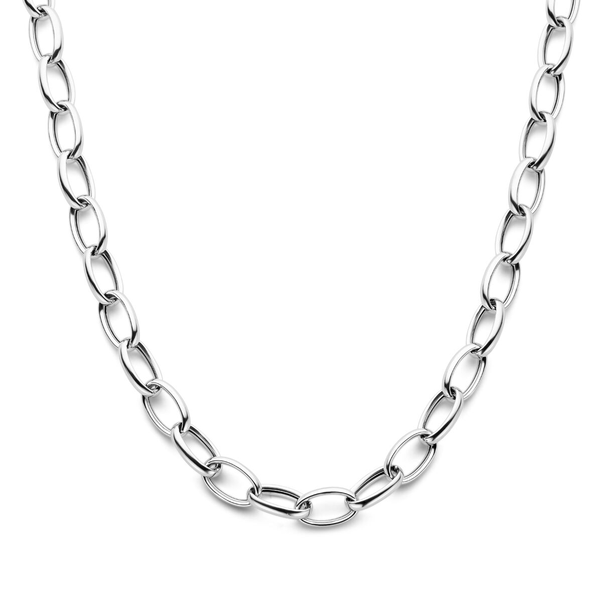 srebrny naszyjnik z ogniwami anker o szerokości 10 mm i długości 43 cm, pokryty rhodium.